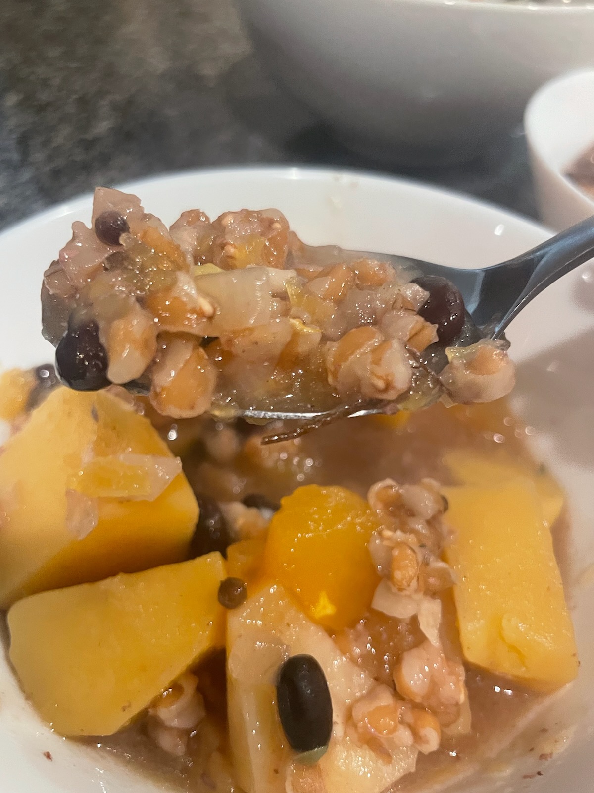 A white bowl filled with pumpkin lamb stew.